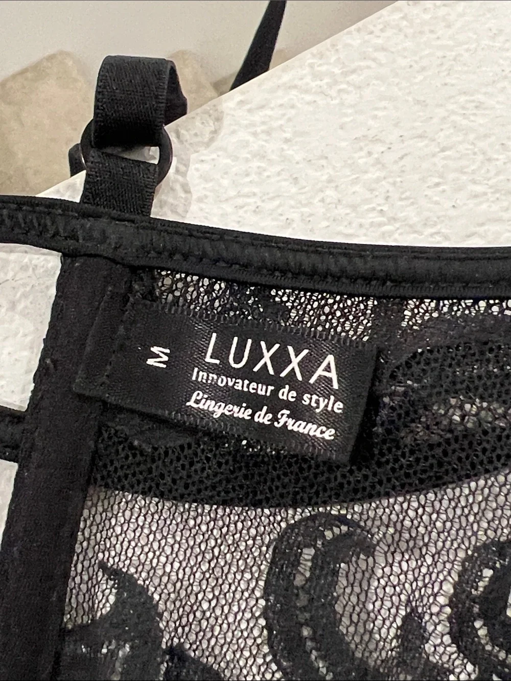 Luxxa intimate French lingerie Black Sheer Lace Bustier M with Fringe & Garter